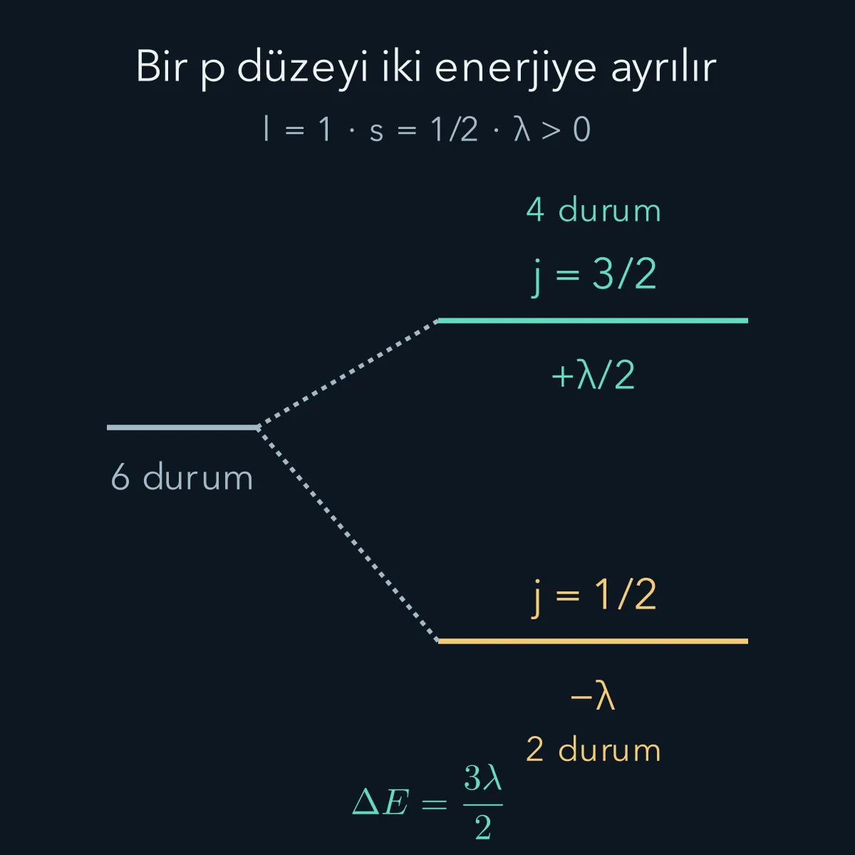 Altı durumlu p altuzayının spin-yörünge katkısıyla dört üst ve iki alt duruma ayrılması.