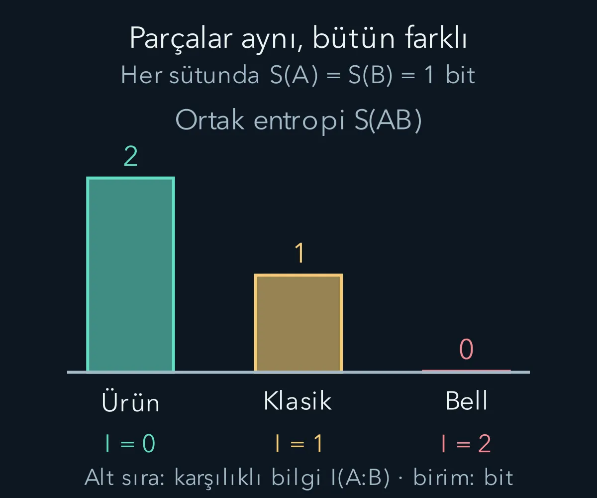 Aynı tek kübit entropilerine rağmen ürün, klasik korelasyon ve Bell durumlarının ortak entropileri farklıdır.