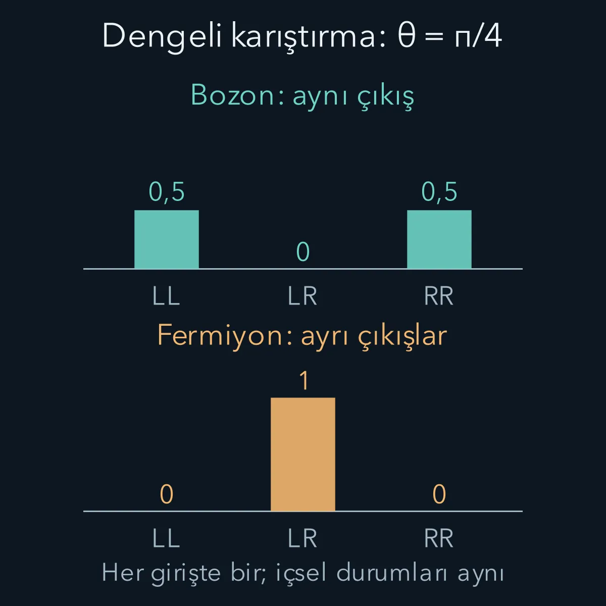 Dengeli dönüştürücüde iki bozon için aynı çıkışların yarımşar olasılığı ve aynı içsel durumdaki fermiyonlar için ayrı çıkışın kesinliği.