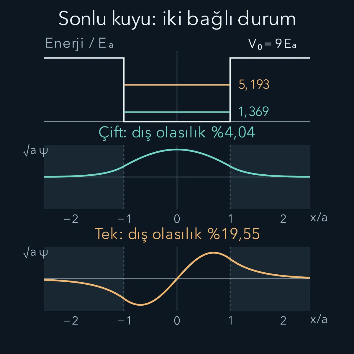 Sonlu kuyunun iki enerji seviyesi ve normalize çift ve tek dalga fonksiyonlarının dış kuyrukları.