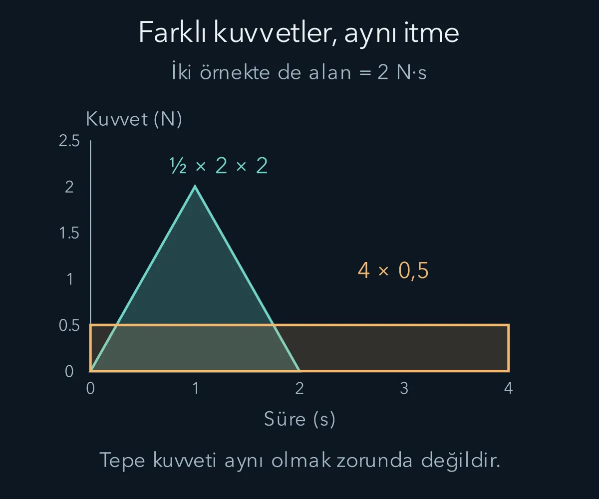 Eşit alanlı farklı kuvvet zaman grafiklerinin aynı itmeyi üretmesi