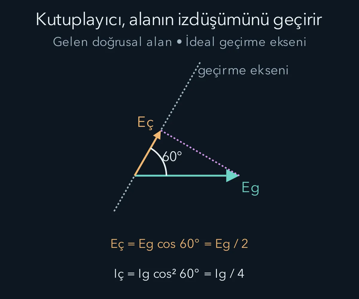 İlk kutuplayıcıdan sonra doğrusal alanın ikinci eksene izdüşümü ve Malus şiddet hesabı.