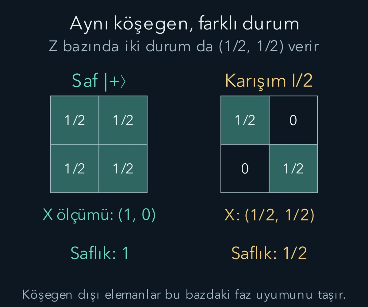 Aynı z olasılıklarına sahip saf artı durumu ve karışım farklı köşegen dışı elemanlara sahiptir.