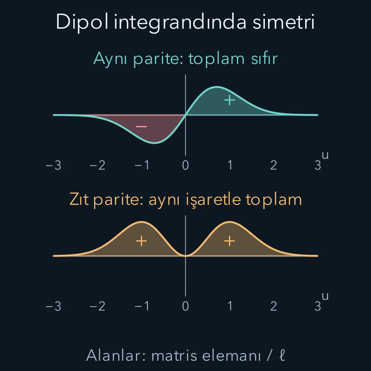 Aynı paritede karşıt işaretli alanlar sıfırlanırken zıt paritedeki dipol integrandının iki yanı aynı işaretle toplanır.