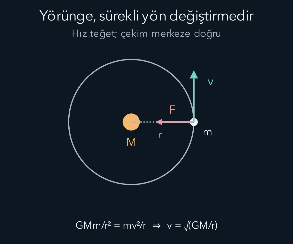 Dairesel yörüngede teğet hız ve merkeze yönelen kütleçekim kuvveti